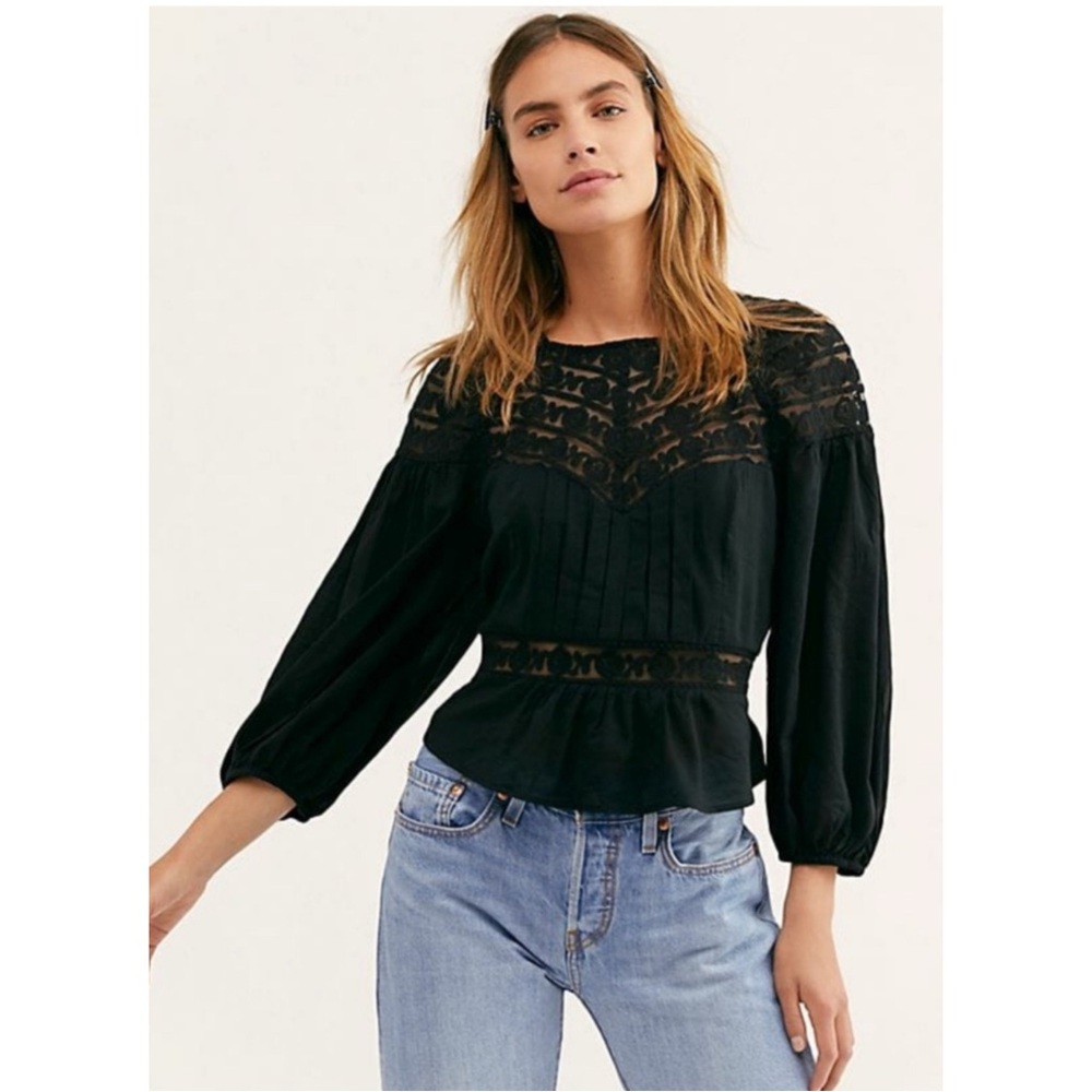 FREE PEOPLE Womens Sweet Mornings Top in Black Puff Sleeve Lace Whimsigoth M